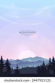 Sunset landscape in the mountains. Silhouettes of trees in the foreground. Mountain ranges and forest. Colorful sky. Design for poster, wallpaper, background, cover, brochure.