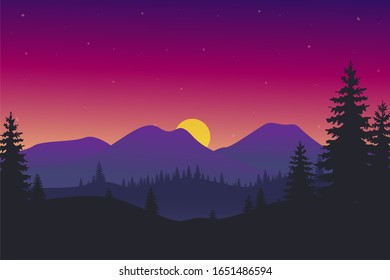 sunset landscape mountains and trees with purple and red color sky