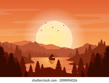 Sunset Landscape of Mountains, Wilderness, Sands, Lake and Valley in Flat Wild Nature for Poster, Banner or Background Illustration