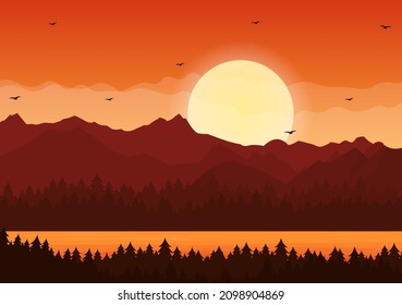 Sunset Landscape of Mountains, Wilderness, Sands, Lake and Valley in Flat Wild Nature for Poster, Banner or Background Illustration