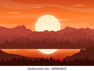 Sunset Landscape of Mountains, Wilderness, Sands, Lake and Valley in Flat Wild Nature for Poster, Banner or Background Illustration