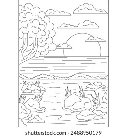 sunset landscape nature coloring book page for kids or grown adults coloring book mindful relaxation activity