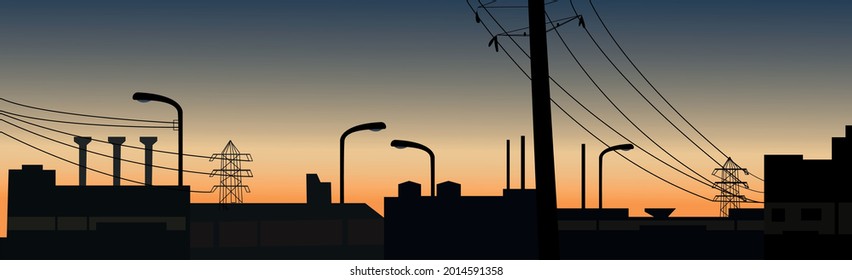 Sunset landscape on the background of urban buildings - Vector illustration