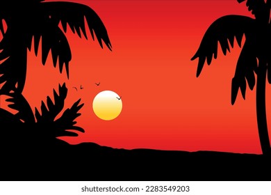 Sunset landscape on the seashore. Vector. Illustration