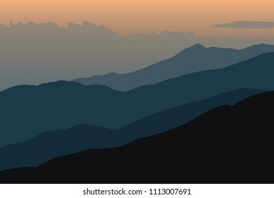 Sunset landscape with orange silhouettes of mountains - vector illustration