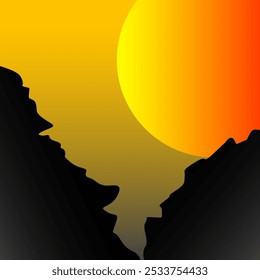 sunset landscape with orange sky, silhouettes of mountains, hills