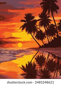 Sunset landscape with palm tree silhouette. Sun rays and coconut tree silhouette. Vector illustration.