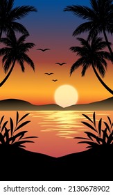 Sunset landscape with palm trees in silhouette