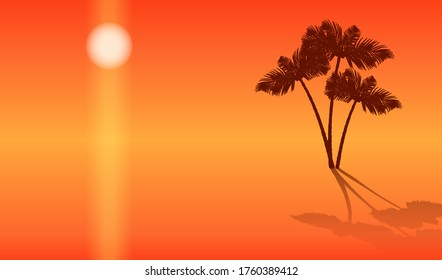 Sunset landscape with palm trees silhouettes. Vector EPS10
