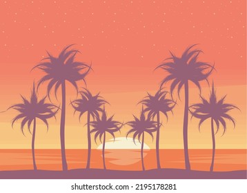 sunset landscape with palms scene
