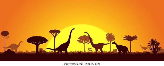 Sunset landscape, prehistoric dinosaur silhouettes. Vector background with sauropod and bipedal terrain dino species shadows roam amid ancient trees and plants in front of large sun in orange dusk sky