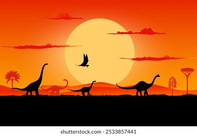 Paisagem de pôr do sol, silhuetas de dinossauro pré-histórico no fundo da noite do entardecer com árvores altas. Vetor saurópode dino espécies de terreno e voando pterossauros sombras na frente de grande sol no céu laranja