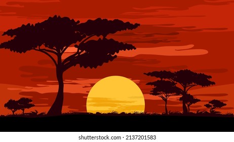 Sunset landscape with red sky clouds. Shadows on hills and trees on the coast. vector of natural scenery with sunrise