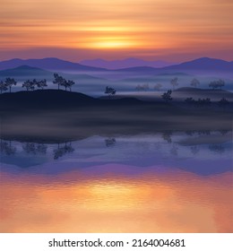 Sunset landscape, reflection in the lake of the picturesque sky and mountains