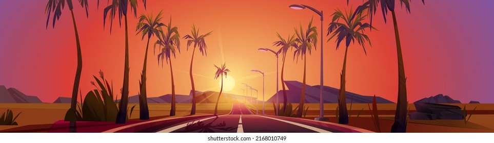 Sunset landscape road with palm trees by sides perspective view. Panoramic background with beautiful tropical dusk with empty highway, red sky, bright sun go down the rocks Cartoon vector illustration