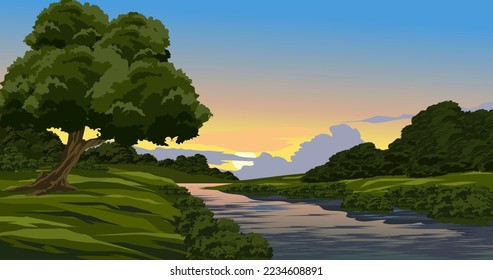 Sunset landscape in rural countryside with river. Vector scenery illustration