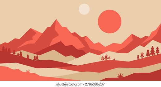 Sunset Landscape Scene with Mountains and Trees in Foreground