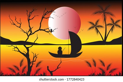 Paisaje paisajístico de la puesta del sol con barca, ilustración vectorial