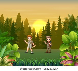 Sunset landscape with scout boys in forest