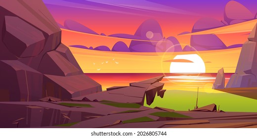 Sunset landscape with sea and mountains