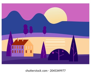 Sunset landscape, sea, ocean, gulf. Home on the coast, mountaine, evening. Vector illustration minimal flat style