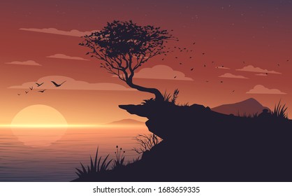 Sunset landscape with sea and tree on shore