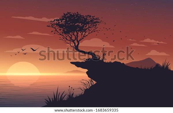 Sunset Landscape Sea Tree On Shore Stock Vector Royalty Free