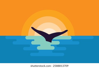 Sunset landscape and shark tail seen in the sea illustration 