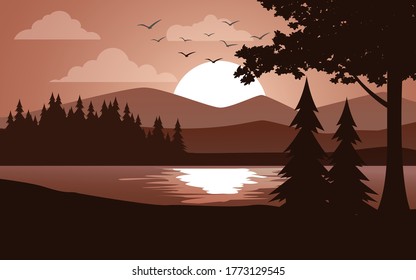 Sunset landscape silhouette with lake and trees