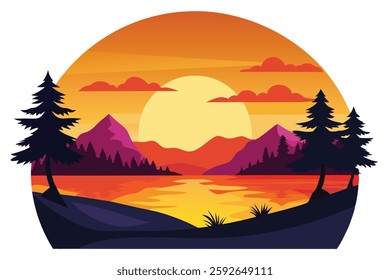 Sunset Landscape Silhouette with Lake and Trees - Vector Illustration