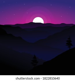 Sunset Landscape Silhouette Vector Illustration
