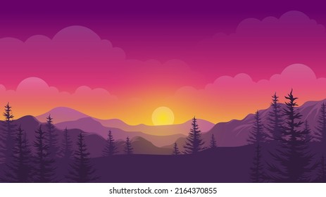 Sunset Landscape with silhouettes of mountains, trees and colorful sky