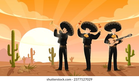 Paisaje del atardecer, tres músicos mexicanos mariachi en el desierto de México, fondo vectorial. Músicos mexicanos con sus sombreros de guitarra, maracas y trompeta tocando música de mariachi en una fiesta mexicana