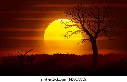Sunset landscape and a tree silhouette vector illustration.