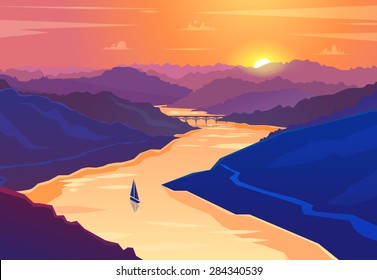 Sunset landscape. Vector design illustration for web design development, natural landscape graphics.