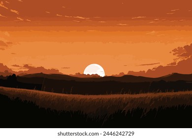 sunset landscape vector drawing in golden color