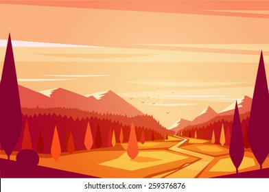 Paisaje de la puesta de sol. Ilustración vectorial.