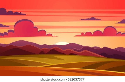 Sunset landscape. Vector illustration.