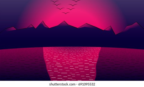 Sunset Landscape Vector Illustration Mountains Background