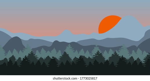 Paisaje de la puesta de sol. Papel de escritorio para la habitación. Iluminación vectorial.