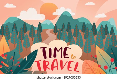 Sunset Landscape of Way to Hill and Forest, Time to Travel, Vector, Illustration