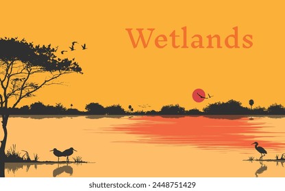 Sunset landscape wetlands beautiful scenery vector background tree river lake sun sky birds boat silhouette background illustration wallpaper
