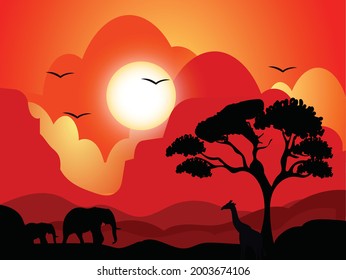 Sunset Landscape Wild Animals Stock Vector (royalty Free) 2003674106 