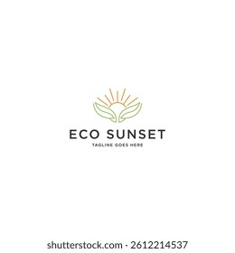 Sunset and leaf with line art style logo inspiration vector illustration