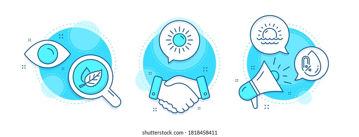 Sunset, Leaf and Sun line icons set. Handshake deal, research and promotion complex icons. No alcohol sign. Sunny weather, Nature leaves, Summer. Mineral oil. Nature set. Vector