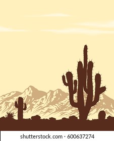 Sunset in lifeless stone desert with cactuses. Vector landscape