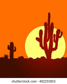Sunset in lifless stone desert with cactuses. Landscape with huge warm sun in desert. Vector illustration.
