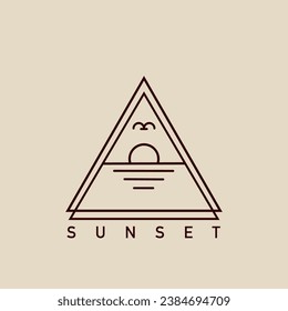 Sunset line art logo simple emblem vector illustration. Modern minimalist aesthetic line art elements vector triangle frame