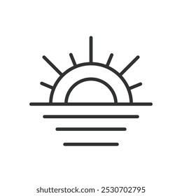 Sunset, in line design. Sunset, evening sky, dusk, twilight, sunset icon, sun setting, horizon on white background vector. Sunset editable stroke icon