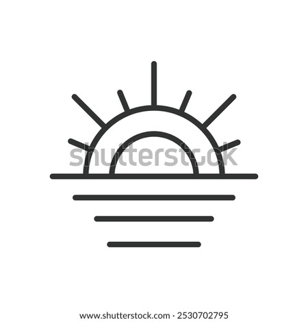Sunset, in line design. Sunset, evening sky, dusk, twilight, sunset icon, sun setting, horizon on white background vector. Sunset editable stroke icon